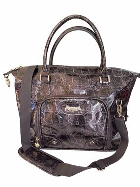 Kathy Van Zeeland Black Croc-Embossed Patent Satchel with Strap